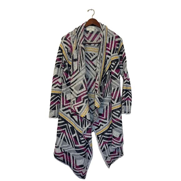 LUCKY BRAND M Cardigan Sweater Aztec Intarsia Drape Front Coastal Grandma - Picture 1 of 5